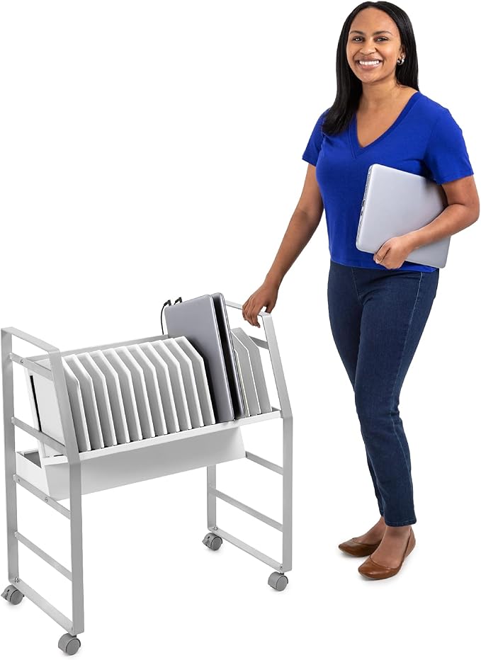 Line Leader 16-Device Mobile Charging Station | Steel Rolling Cart for Laptops, Tablets, & Chromebooks | Open Design with Dividers & UL-Certified Surge Protection | Portable Charging Stand (White)