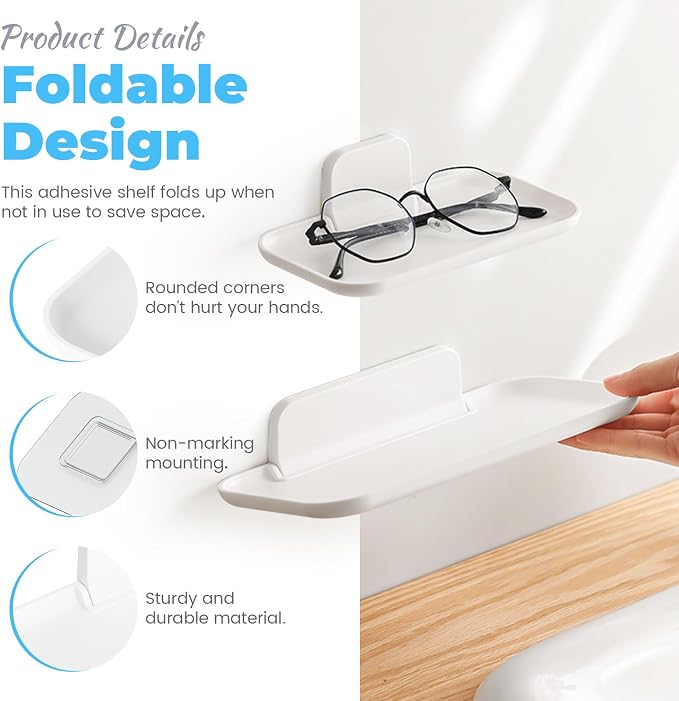 2 Pack Foldable Bedside Shelf Wall Mount, Adhesive Floating Shelves - Image 4
