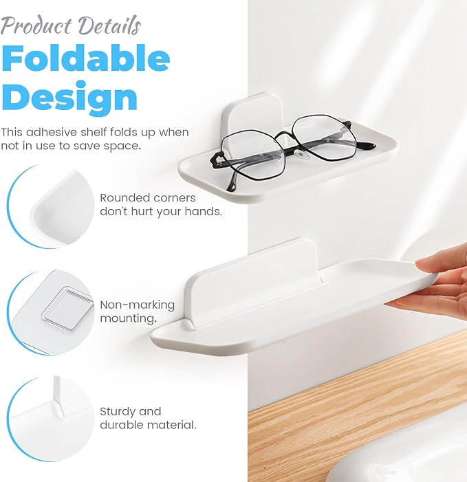 2 Pack Foldable Bedside Shelf Wall Mount, Adhesive Floating Shelves - Image 4