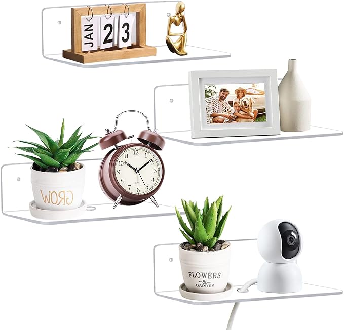 9 Inch Acrylic Floating Shelf, No Drill Adhesive Wall Shelf Set of 4 by LUIUM