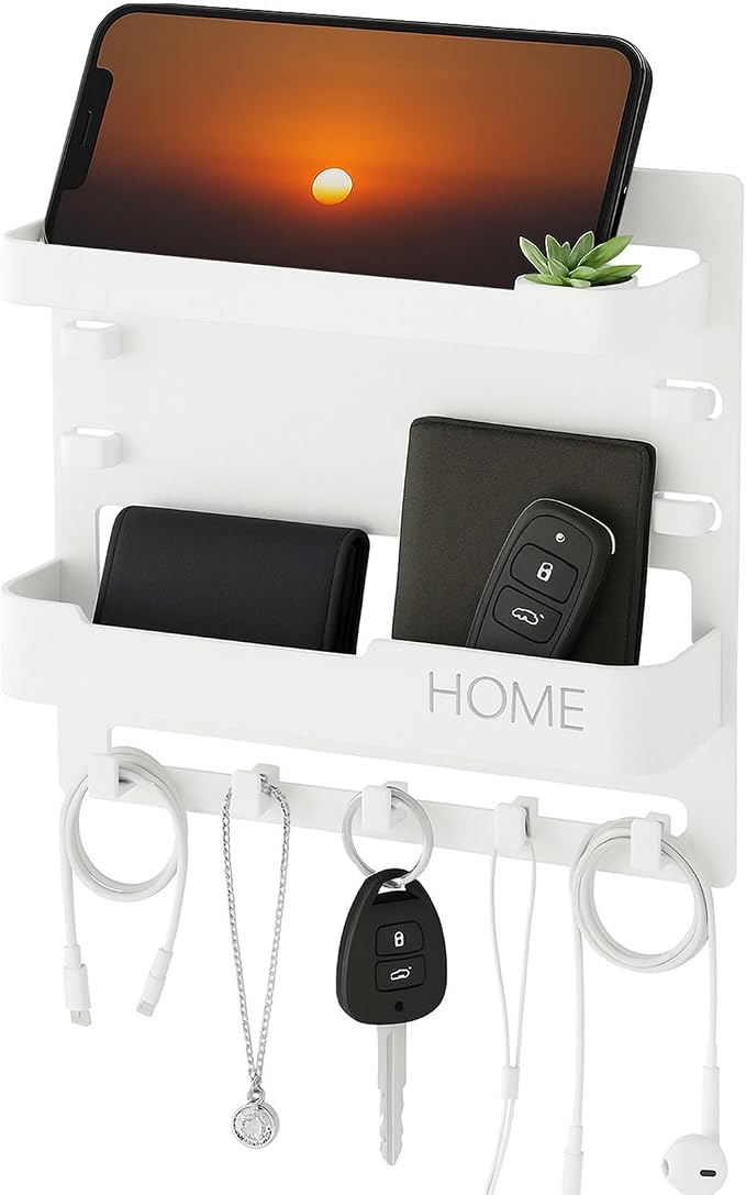 Wall Mount Bedside Shelf with Hooks, Adhesive Bedroom Organizer Storage by FTNA