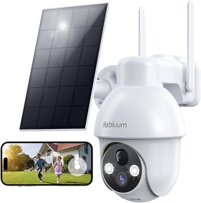 Rebluum Security Camera Wireless Outdoor, 2K Solar Security Camera,Battery Powered 360°PTZ Outdoor Camera,Color Night Vision,2-Way Audio,PIR Motion Detection,Compatible with Alexa