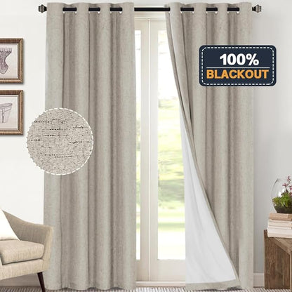 PrinceDeco 100% Blackout Curtains 108 Inches Long 2 Panels Set Black Out Linen Curtains for Bedroom Living Room Thermal Insulated with White Liner Extra Long Curtains for Windows(52x108 inch,Stone)