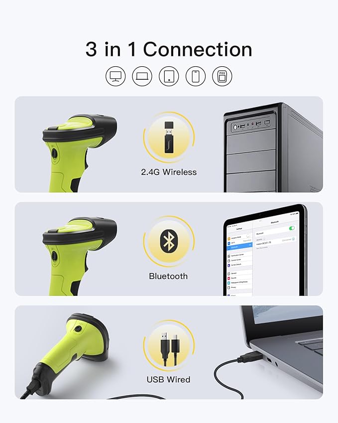 Inateck 2D Barcode Scanner, Wireless Bluetooth QR Code Scanner with AI APP & SDK, 180-Day Battery Life, Fast & Accurate Scanning, Compatible with iOS/Android/Windows
