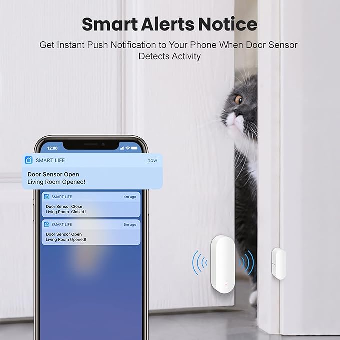 WiFi Door Sensor: Smart Door Open/Closed Detectors, Wireless Window Sensor with App Notification Alert, Contact Sensor for Home Security, Compatible with Alexa Google Assistant (2pack)
