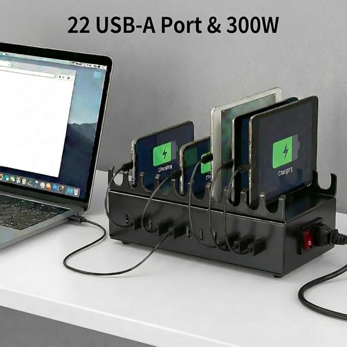 300W Charging Station for Multiple Devices, 22-Port Charger Stations for iPad, Laptops, iPhone, Android Cell Phone, Tablet, Organizer Charging Dock Ideal for Home Office Commercial Use