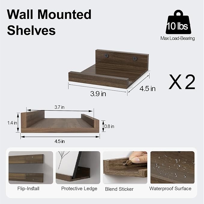Small Walnut Floating Shelves for Wall, 4 in Shelf - Image 3