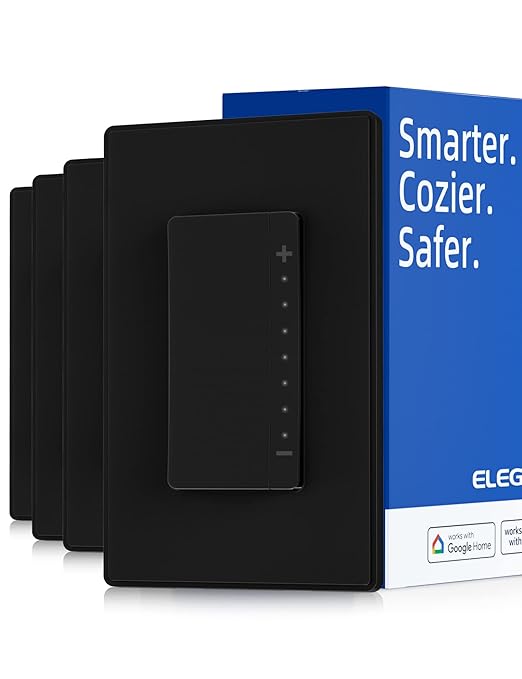 ELEGRP Single Pole Smart Dimmer Light Switch DPR10, 2.4GHz Wi-Fi Dimmer Switch Compatible with Alexa and Google Assistant, Needs Neutral Wire, No Hub Required, UL and FCC Listed, Black, 4 Pack