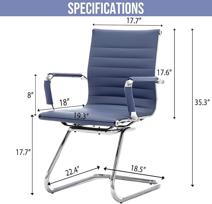 Wahson Office Guest Chairs Set of 8, Leather Reception Chairs, Mid Back Waiting Room Chair, Conference Chairs with Sled Base, Desk Chair No Wheels for Meeting/Lobby/Restroom, Navy Blue