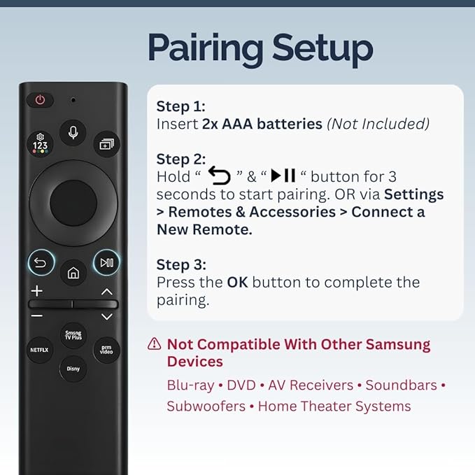 BN59-01385A Samsung TV Remote Control Replacement for Smart TV - Easy Setup, Universal Voice Remote, No Solarcell - Works with Samsung QLED, Frame, Crystal UHD, 4K, & LED Smart TVs