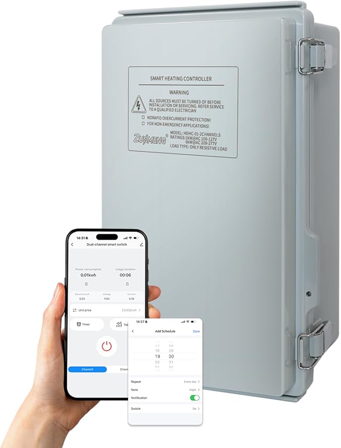 Zuomeng Smart Heat On/Off Controller, Compatible with Bromic Platinum & Tungsten Series, Remote App Control,Dual-Channel 3000W/15A per Channel, Wi-Fi & Bluetooth Enabled
