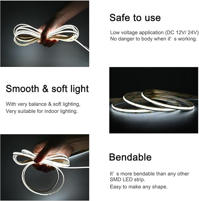TUNICHX COB LED Strip Lights DC 12V LED Lights Flexible Super Bright LED Strips, 9W/m 2x16.4FT Cool White 6500K CRI 90+,480LEDs/m High Density Uniform Light for Home Room Decor