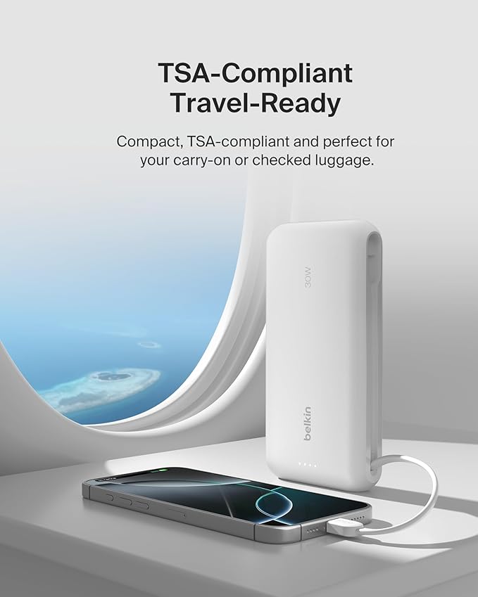 Belkin Portable Charger, Power Bank with Integrated Cable 20000 mAh 30W - Fast Charging USB C Power Delivery - iPhone 17, Air, Pro, Pro Max, iPad, AirPods, Apple Watch, Galaxy S25, & More - White
