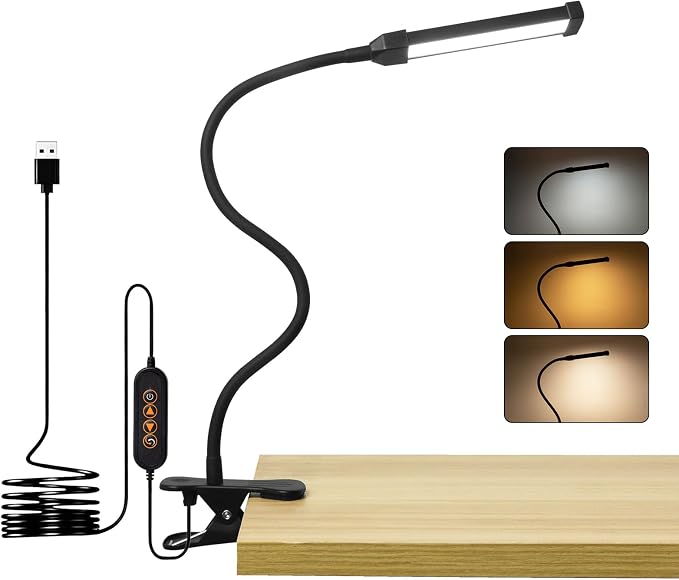 24 LED Clip Light 3 Color Dimmable Clip Desk Lamp Black | Metal Gooseneck | by Unknown
