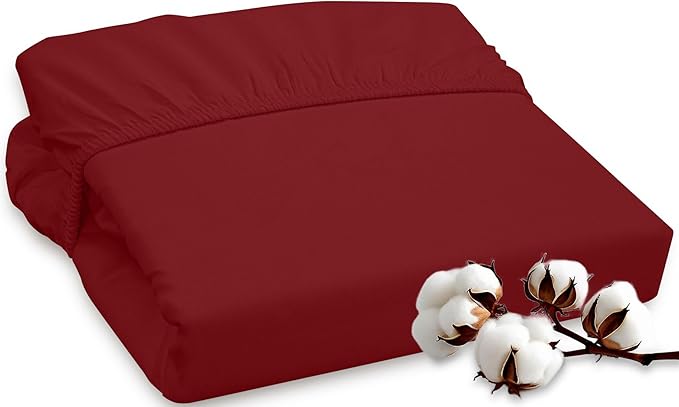 ROYALE LINENS 300 Thread Count 100% Long Staple Combed Cotton Fitted Sheet Twin - Super Soft Deep Pocket Bottom Sheet - Fitted Sheets Only - Elastic Sheets (Twin, Red)