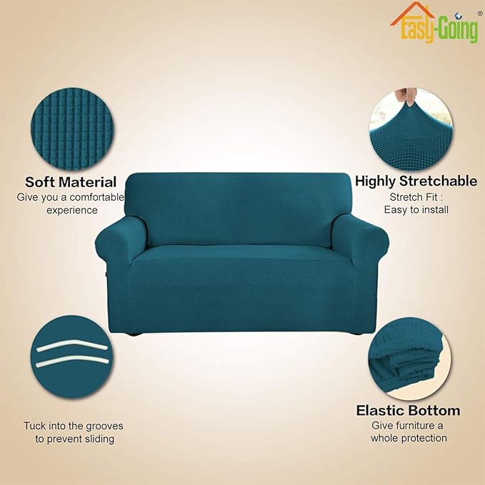 Easy-Going Stretch Loveseat Slipcover 1-Piece Sofa Cover Furniture Protector Couch Soft with Elastic Bottom for Kids Polyester Spandex Jacquard Fabric Small Checks (Loveseat, Peacock Blue)