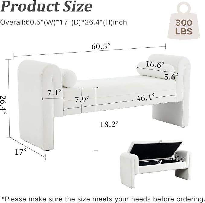 61" Velvet End of Bed Bench, Upholstered Seat - Image 2