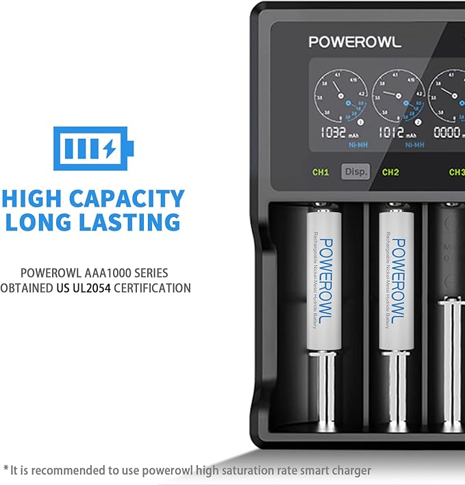 POWEROWL AAA Rechargeable Batteries, High Capacity Triple A Batteries 1000mAh 1.2V NiMH Low Self Discharge HR03, 12 Pack