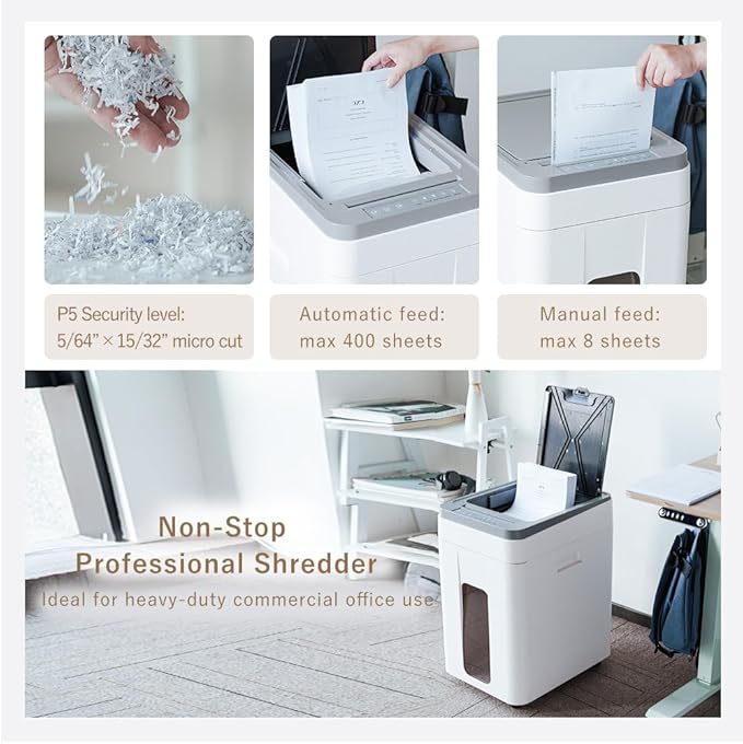 Effeluviate Heavy Duty Paper Shredder: 400 Sheets Auto Feed - Micro Cut P5 Security - Jam Proof Document Shred Machine - 13.2 Gallon Pullout Basket with Wheels for Home/Office/Commercial Use