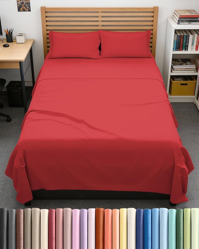 Full XL Bed Sheet Set - 4 Piece Extra Long Extended Full XL Sheets - Soft, Breathable and Cooling - Fits 8" to 16" Mattress with Deep Pockets - 54" x 80" - Easy-Fit, Wrinkle and Fade Resistant - Red