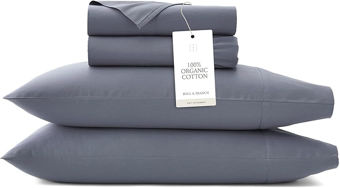 BOLL & BRANCH Signature Hemmed Sheet Set - Queen, Mineral - Luxury 100% Organic Cotton - Includes 1 Flat, 1 Fitted, 2 Pillowcases - Buttery Soft