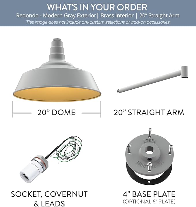 Steel Lighting Co. Large Outdoor Barn Light |Garage Light Fixture | Made in America from 18-Gauge Steel | 20" Dome | 20" Straight Arm Modern Gray Exterior/Brass Interior