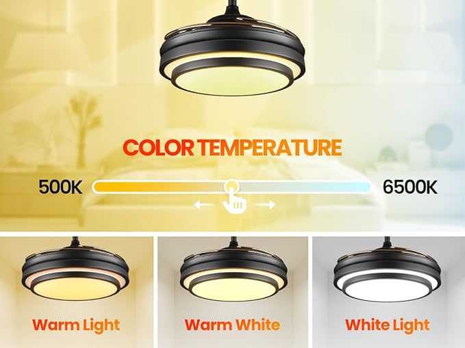 48 Inch Retractable Ceiling Fan with Lights and Remote,Black Fandelier Ceiling Fan with APP Control 6 Speed Dimmable LED Ceiling Fans Silent Reversible Motor for Bedroom Kitchen Living Room