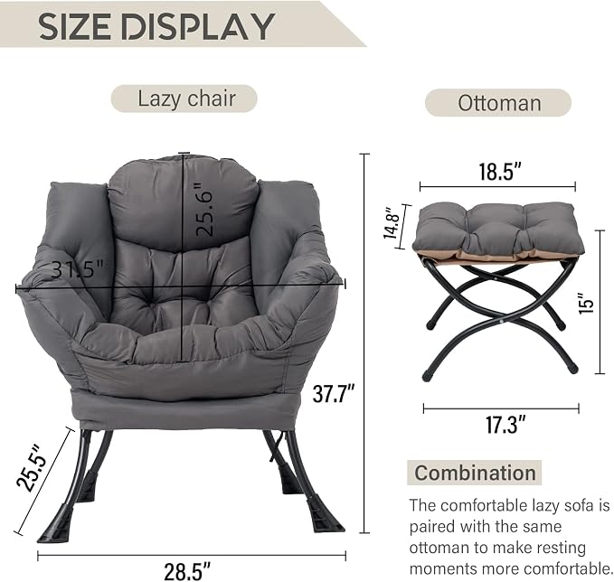 Lazy Chair with Ottoman, Comfy Accent Reading Chair, Dark Grey | Foldable - Image 3