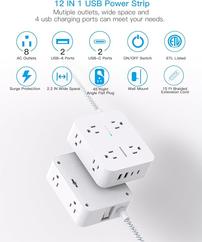 HANYCONY Surge Protector Power Strip 15 Ft Long Cord, Flat Plug | Extension Cord - Image 2