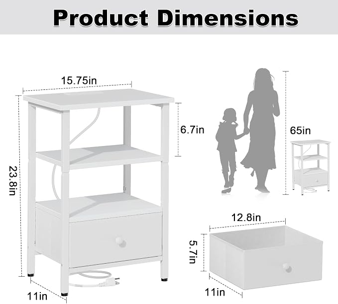 Side Table with Charging Station, Nightstand with Adjustable Fabric Drawer - Image 2