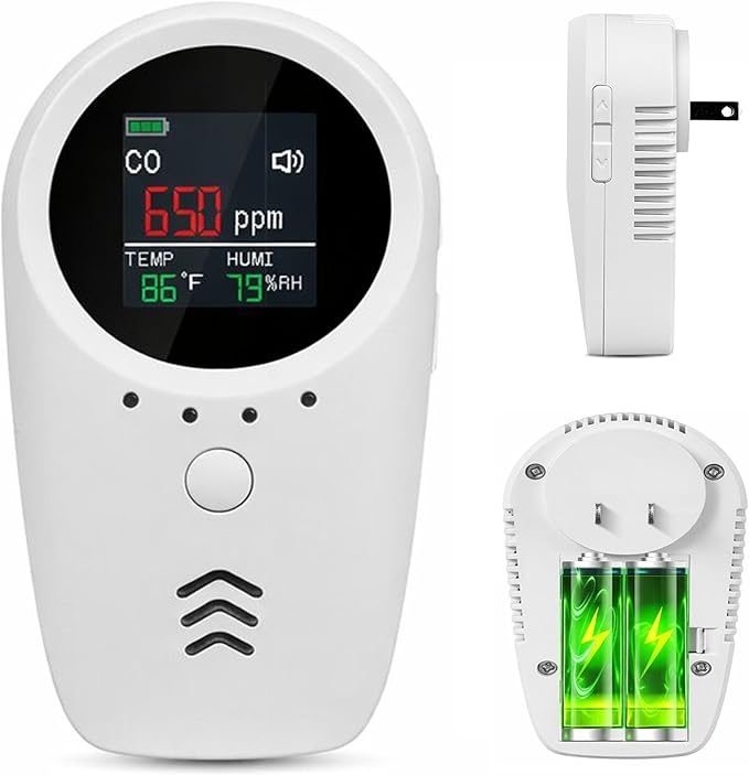 Rechargeable 5-in-1 Carbon Monoxide & Natural Gas Detectors with Temperature/Humidity LCD Display & 2000mAh Lithium-ion Battery, Portable Plug in Co Detector for Home Travel RV Essentials, 1PCS