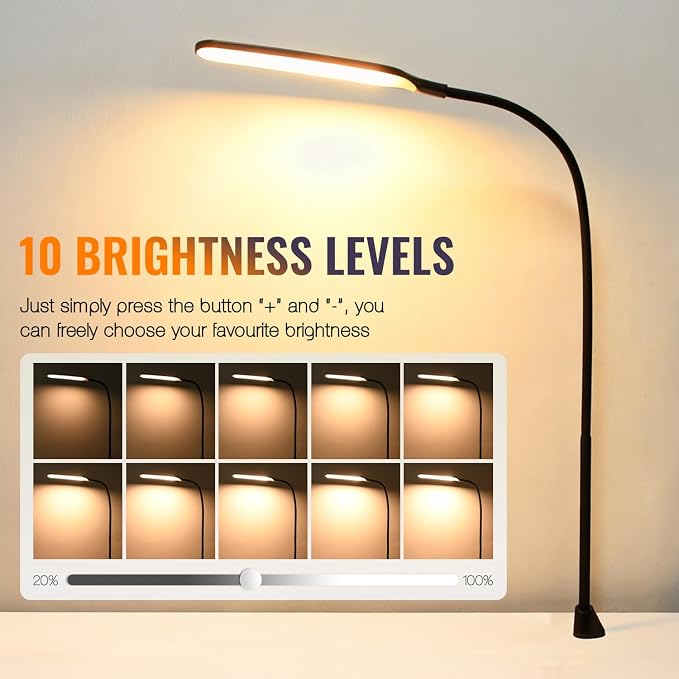 8W LED Desk Lamp with Long Gooseneck and USB Cable, 800LM | Metal Dimmable Clip - Image 3