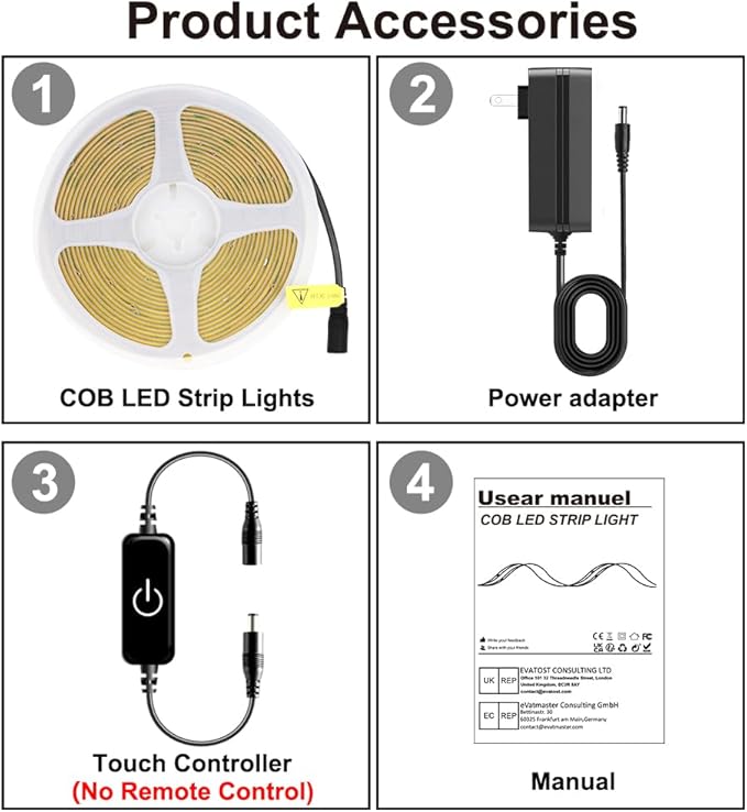 Pandery COB LED Strip 5m,16.4ft LED Strip Lights,Touch Dimmable LED Strips,CRI90+,6000K Daylight White LED Tape Lights,1600LEDs,24V cob led,Indoor for Bedroom,Kitchen,TV,Mirror,Cabinet