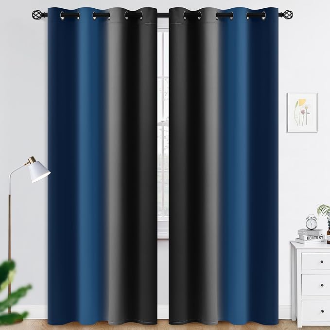 COSVIYA Gradient Grommet Ombre Dark Blue and Black Curtains W52 x L84 Inch | by COSVIYA