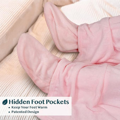 PAVILIA Fleece Blanket with Sleeves, Foot Pockets for Women Men Adults, Plush Wearable Blanket Throw Wrap, Warm Snuggle Blanket Robe, Cozy Gift Ideas Wife Mom, Light Pink