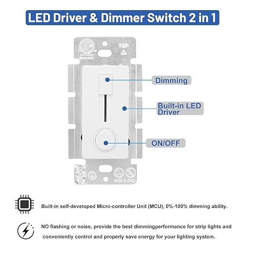 Dimmer Switch and LED Driver Single Integrated Unit, 120V AC to 12V DC, 60Watt Wall Dimmer Switch, Driver and dimmer Switch 2 in 1, for Most Single Color 12V LED Strip Light, 1 Pack