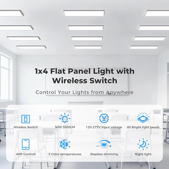 AIKVSXER 18 Pack 1x4 FT LED Flat Panel Light Surface Mount, with Wireless Switch & App Control, Night Mode, 50W 5500LM, 3000K/4000K/6500K, Ultra-Thin LED Light for Office Home,120-277V - White