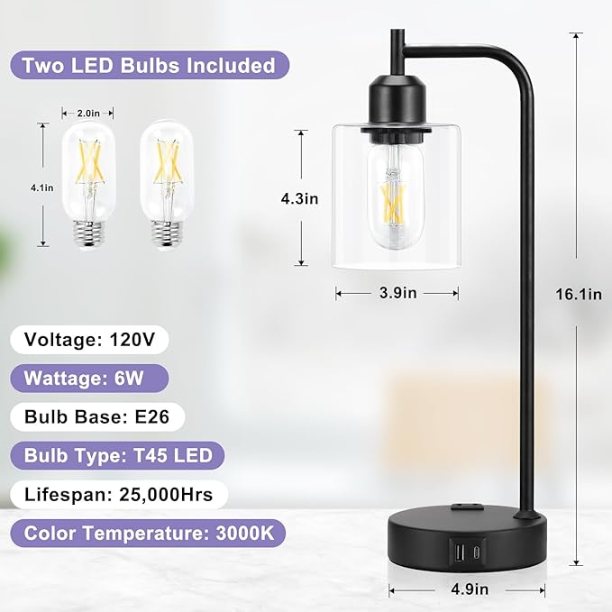 Industrial Touch Lamps for Nightstand Set of 2, 3-Way Dimmable Bedside Lamp | - Image 4