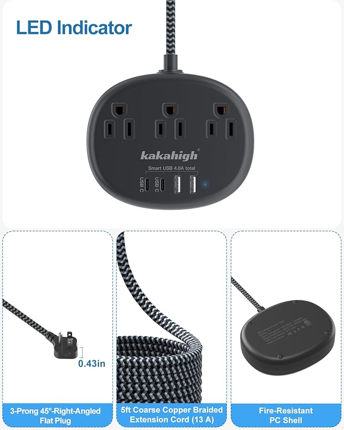Short Extension Cord Black - Extension Cord 5 Feet, 1625W Power Strip 3 Prong with 3 AC Outlet 4 USB (24W/4.8A), Bedside Charging Station for Home, Office and Dorm