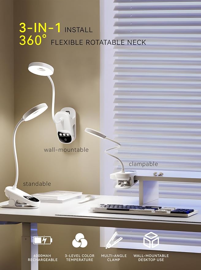 Clip On Desk Lamp Wireless 6000mAh Rechargeable LED Reading Light 3 Colors | - Image 3