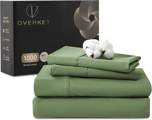 100% Egyptian Cotton Sheets King Size 1000 Thread Count Sateen Weave Soft Breathable 16-Inch Deep Pocket 4PCS（King,Olive Green）