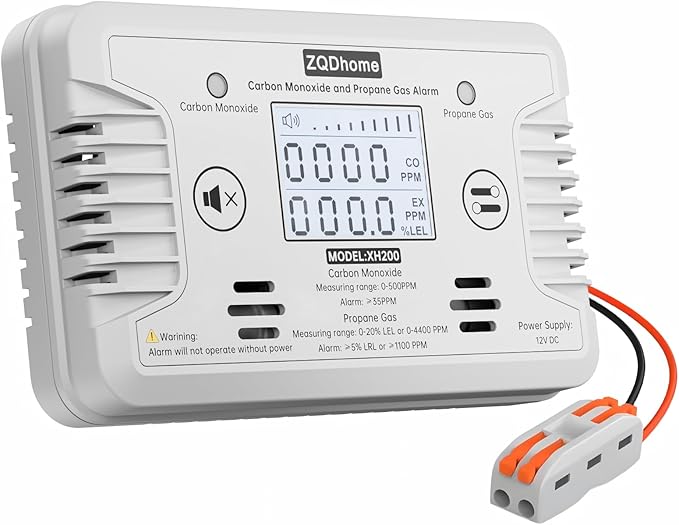 RV Carbon Monoxide and Propane Gas Detectors, Reset, and Individual LED Indicator Light with Loud Alert, 12V DC CO/LPG Gas Leak Alarm, Early Safety Warnings for RV, Trailer, Camper-White