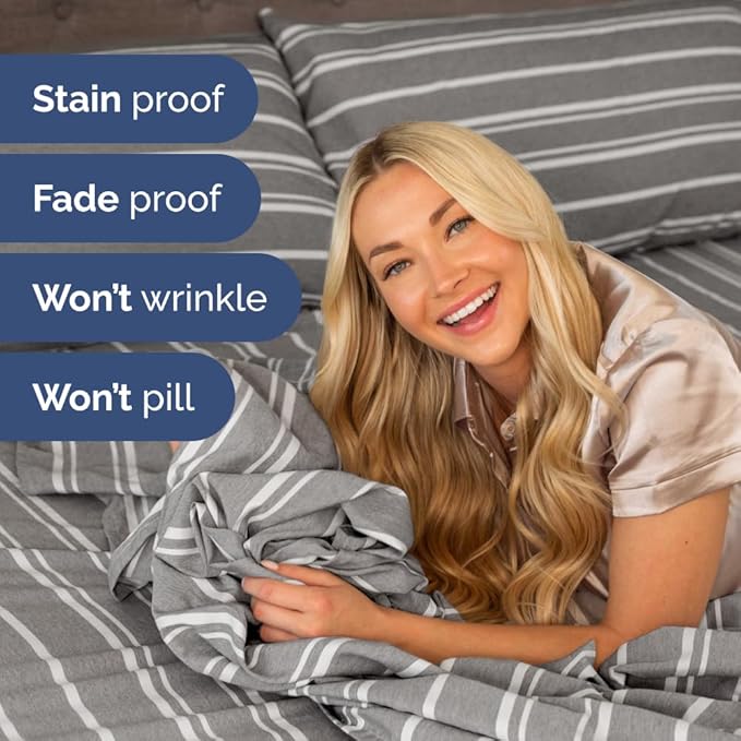 Full XL Bed Sheet Set - 4 Piece Extra Long Extended Full XL Sheets - Soft, Breathable & Cooling - Fits 8" to 16" Mattress with Deep Pockets - 54" x 80" - Wrinkle and Fade Resistant - Grey Stripes 3