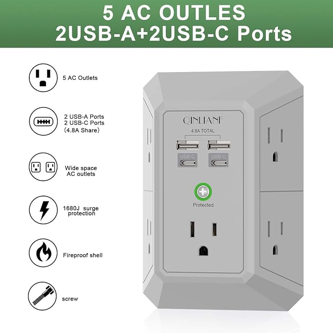 USB Wall Charger, Surge Protector, QINLIANF 5 Outlet Extender with 4 USB Charging Ports (4.8A Total) 3-Sided 1680J Power Strip Multi Plug Outlets Wall Adapter Spaced for Home Travel Office(2U2C),Grey