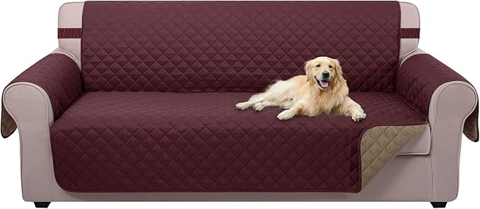 U-NICE HOME Reversible Sofa Cover Couch Cover for Dogs with Elastic Straps Water Resistant Furniture Protector for Pets Couch Cover for 3 Cushion Couch (Sofa, Burgundy/Tan)