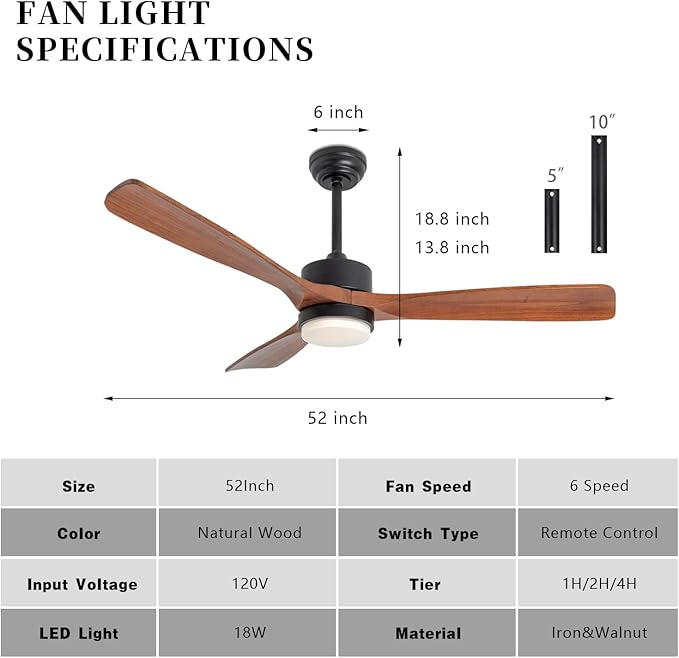revoici 52 Inch Solid Wood Ceiling Fans With Lights, Low Profile Ceiling Fan with Light and Remote, Reversible DC Motor, Indoor Outdoor 3 Blade Ceiling Fan Light for Bedroom Living room Farmhouse