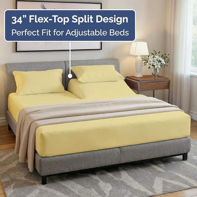 Split Head King Sheet Set – 4 Piece Flex Split Top King Sheets for Adjustable Beds - Fits 14” to 16" Mattress w/ Deep Pockets - Soft, Breathable & Cooling - Luxury Bedding and Wrinkle Free - Yellow