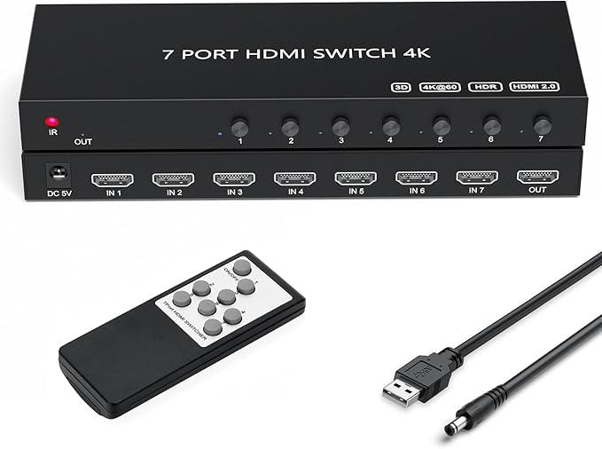 RuiPuo 7Port HDMI Switcher 4K@60Hz 5In 1Out HDMI Selector with IR Remote Supports Full HD 4K/1080P/3D & HDCP2.2 for Switch,Xbox,PS4/PS5,Fire Stick,Roku,Apple TV etc.