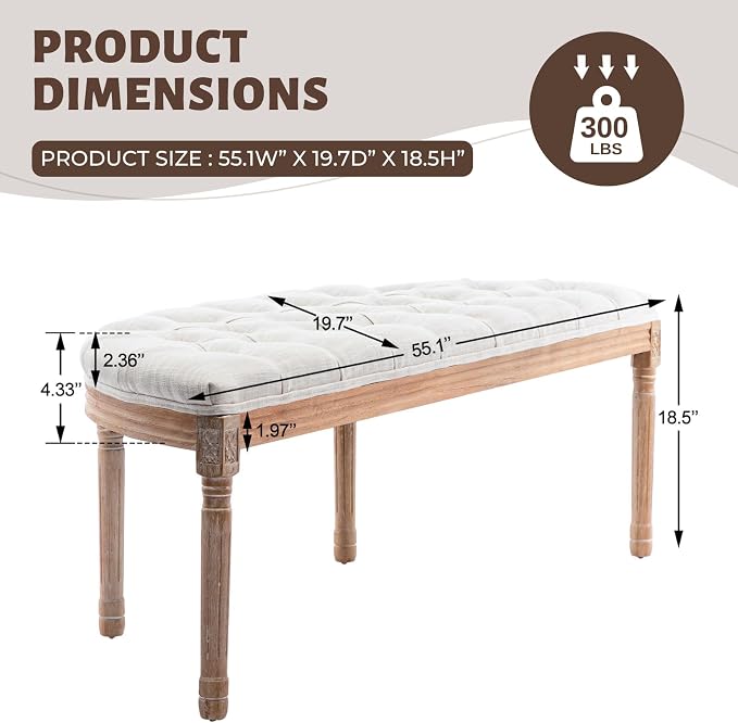 chairus 55" Button Tufted Semi-Circle Dining Bench Linen Halfmoon Entryway - Image 3