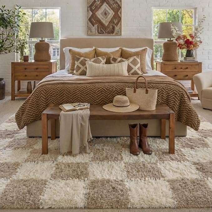 Beige 8x10 Area Rug for Living Room Soft Checkered Shag Carpet | Machine - Image 3